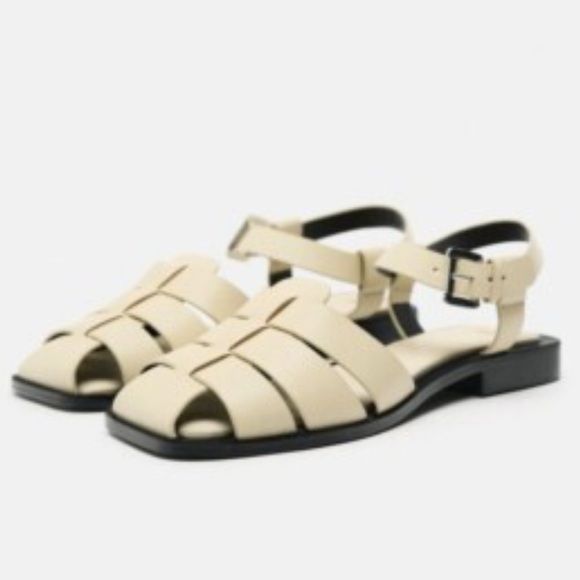 Zara Cream Leather Cage Flat Fisherman Sandals Women’s Size 40 Women’s Size 9 - Picture 2 of 9